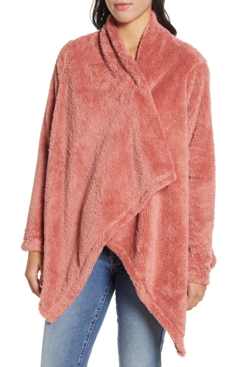Drape Front Faux Fur Cardigan, Alternate, color, WITHERING ROSE