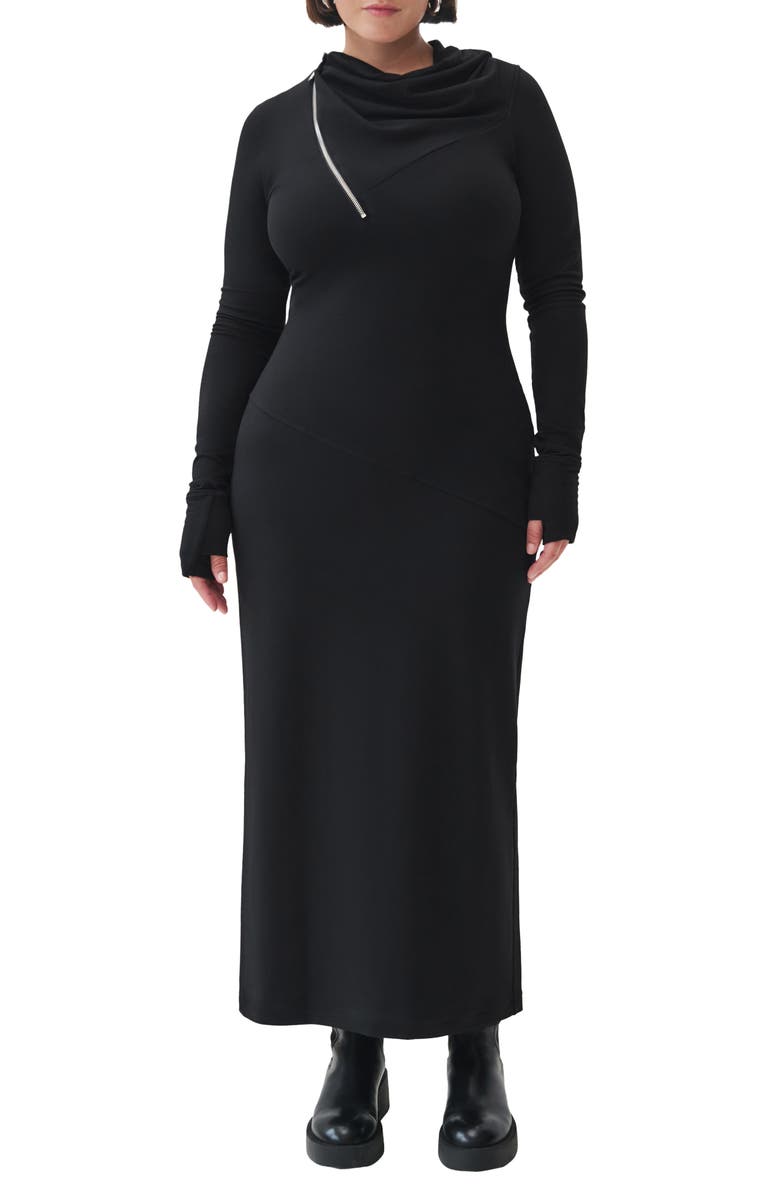 Marcella Broome Asymmetric Half Zip Long Sleee Maxi Dress, Alternate, color, Black