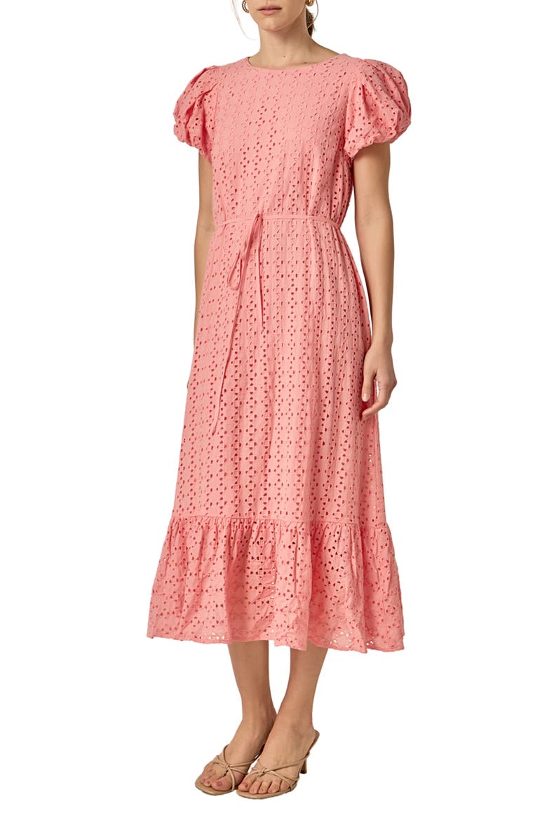 Eyelet Tie Waist Puff Sleeve Midi Dress, Alternate, color, PINK