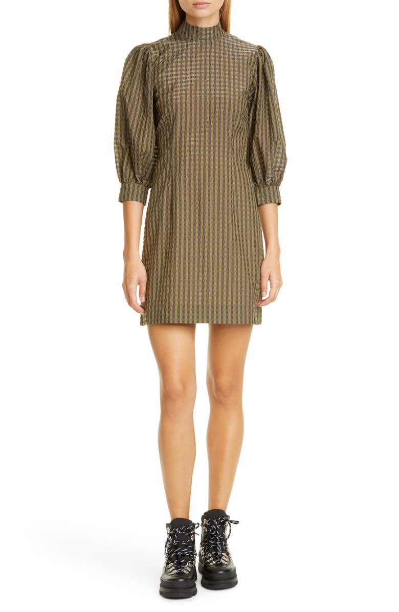 Ganni Short Check Seersucker Dress, Main, color,