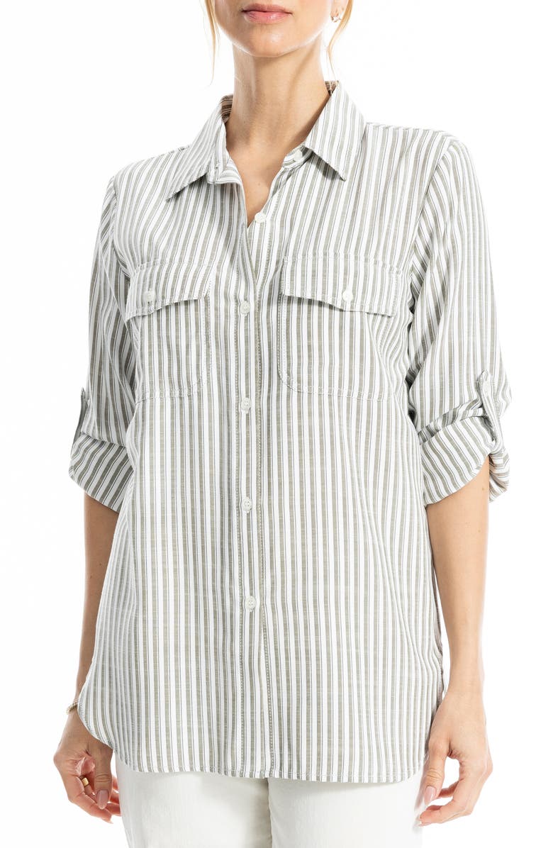 MAX STUDIO Stripe Roll Tab Button-Up Utility Shirt, Alternate, color, Ivory/ Olive Contrast Stripe