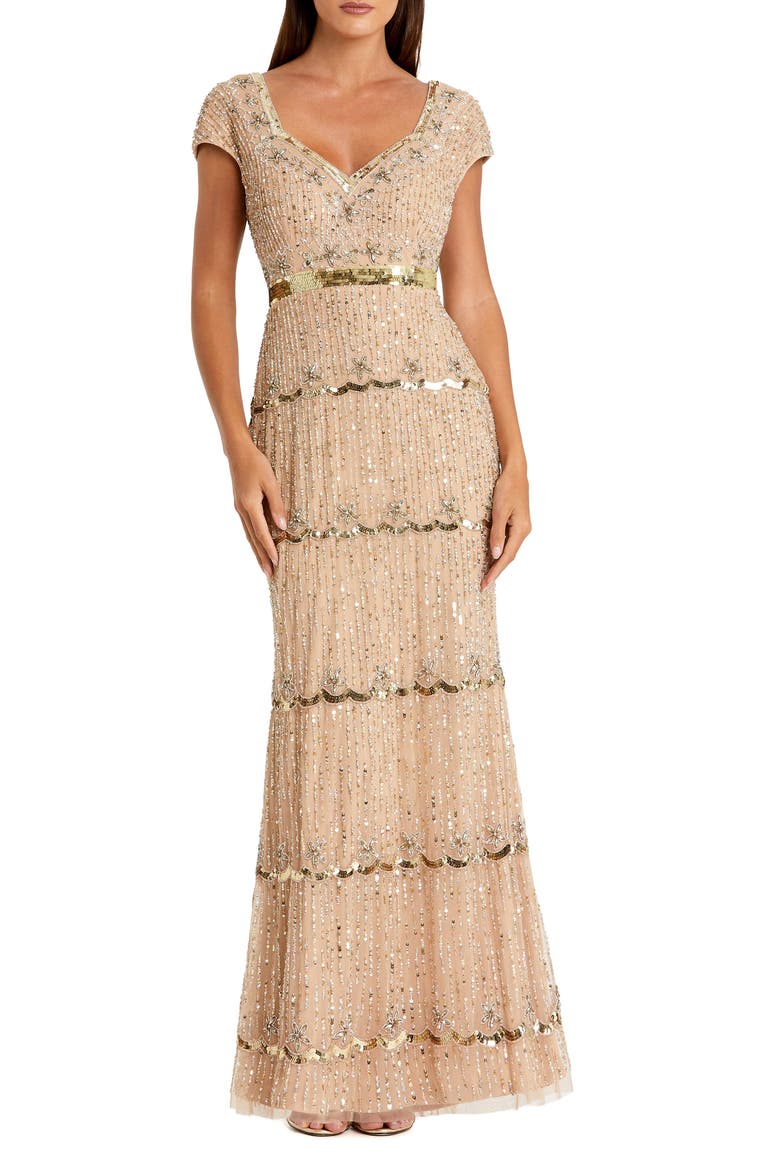 Petite Beaded Sweetheart Cap Sleeve Tiered Gown, Main, color, Nude