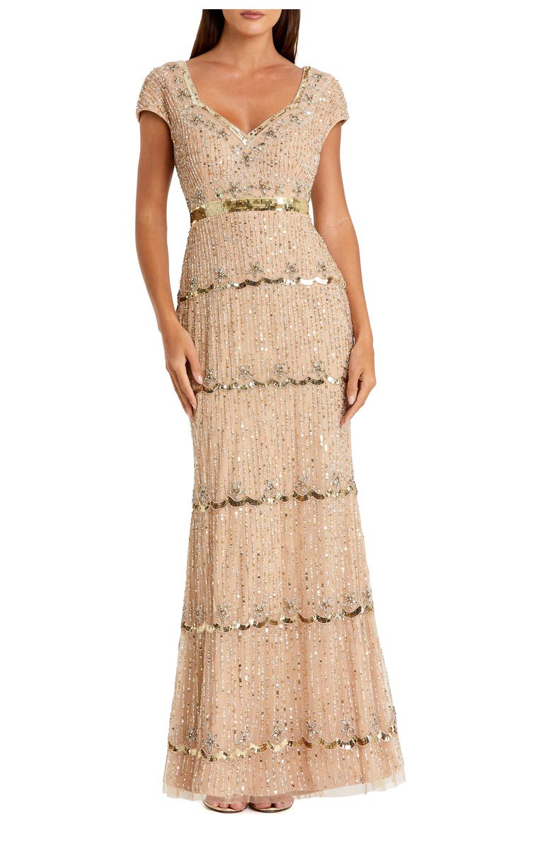 Mac Duggal Petite Beaded Sweetheart Cap Sleeve Tiered Gown, Main, color, Nude