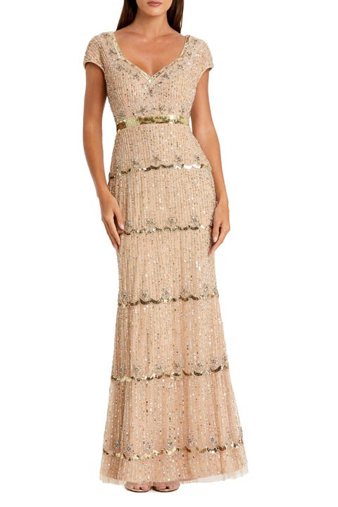 Petite Beaded Sweetheart Cap Sleeve Tiered Gown