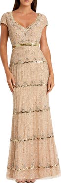 Mac Duggal Petite Beaded Sweetheart Cap Sleeve Tiered Gown