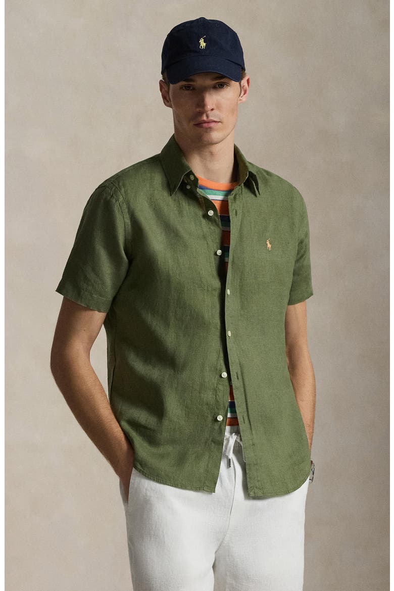 Classic Fit Short Sleeve Linen Button-Down Shirt, Alternate, color, GARDEN TRAIL