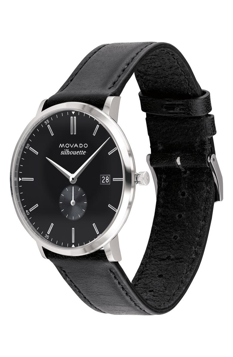 Movado Heritage Leather Strap Watch, 40mm, Alternate, color, Black