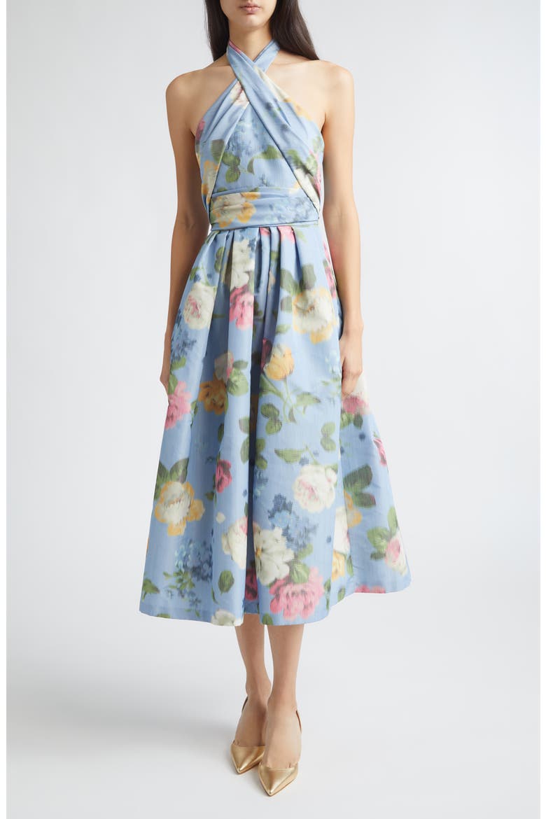 Chiné Floral Print Taffeta Halter Midi Dress, Main, color, CLOUDY BLUE MULTI