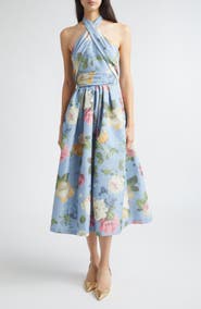 Carolina Herrera Chiné Floral Print Taffeta Halter Midi Dress