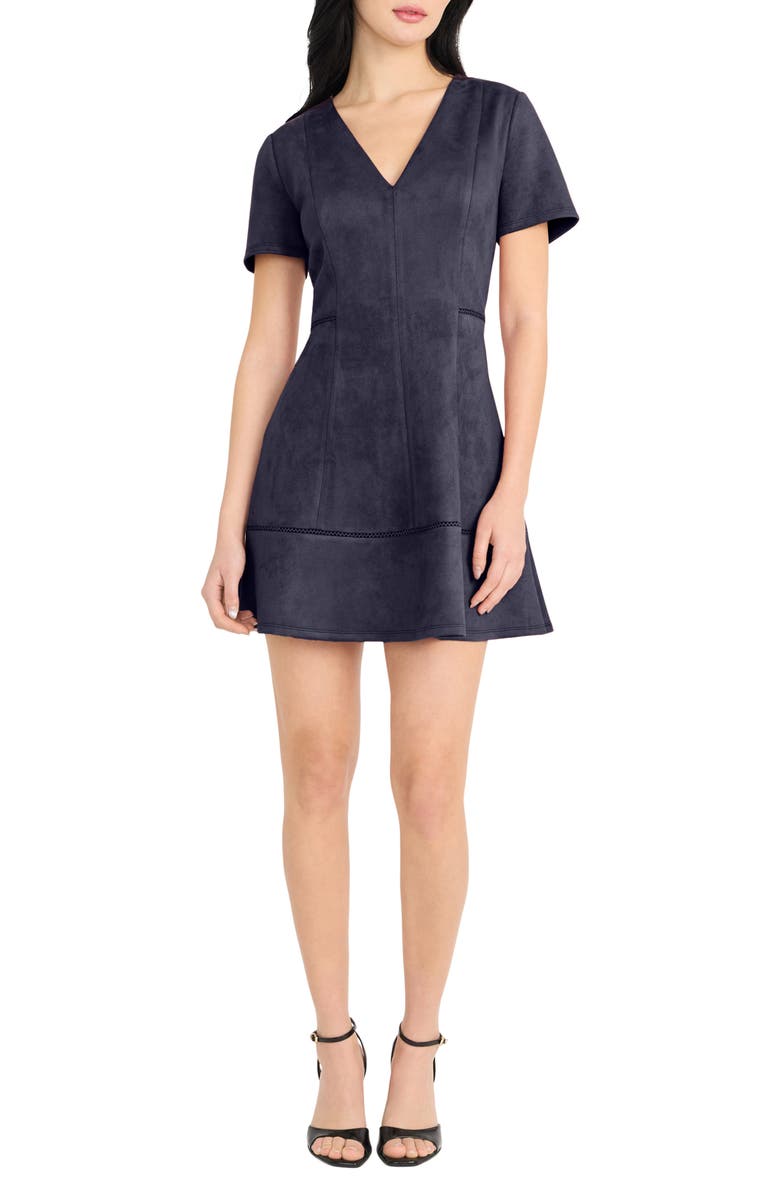 DONNA MORGAN FOR MAGGY Short Sleeve Faux Suede Fit & Flare Minidress, Main, color, Navy