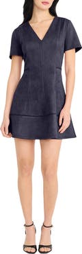 DONNA MORGAN FOR MAGGY Short Sleeve Faux Suede Fit & Flare Minidress