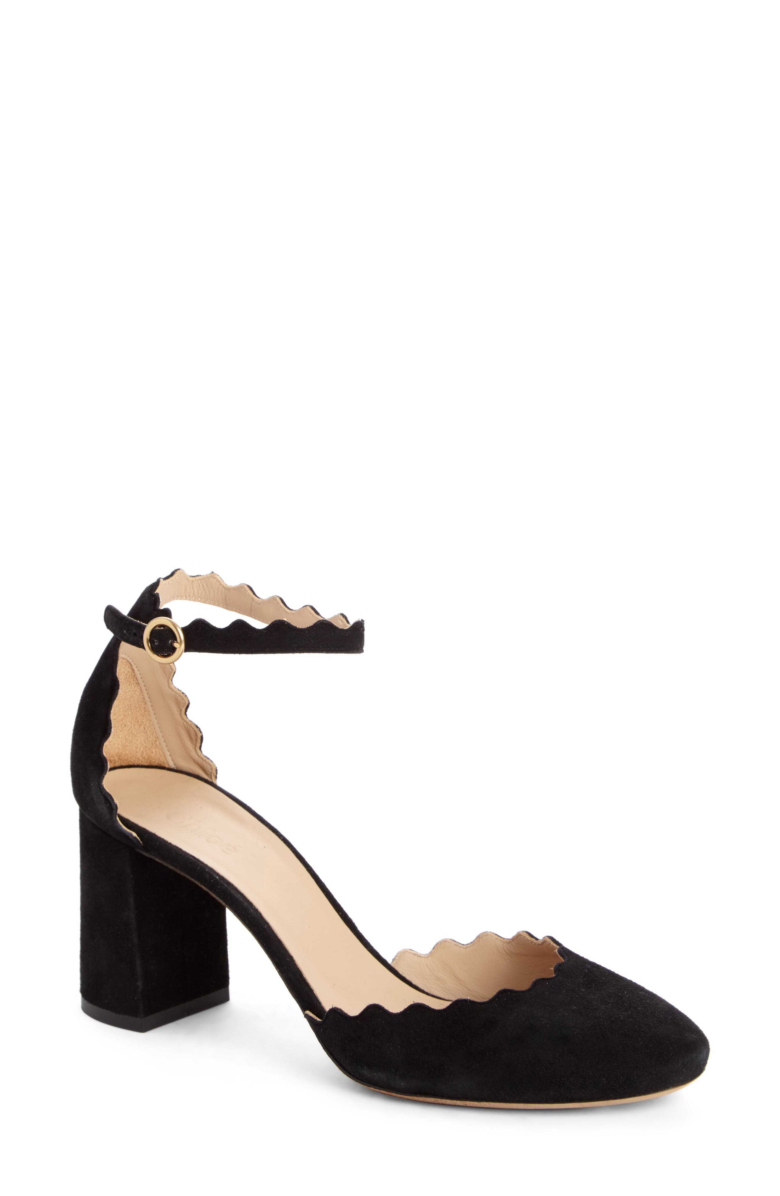 Scalloped Ankle Strap d'Orsay Pump, Main, color, BLACK SUEDE