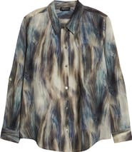 APNY Print Roll Tab Sleeve Chiffon Button-Up Shirt