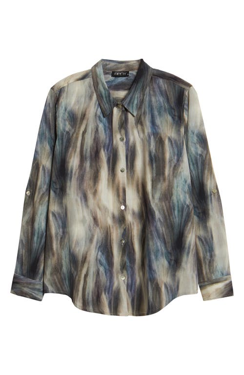 Apny Abstract Print Roll Tab Sleeve Chiffon Button-up Shirt In Gray