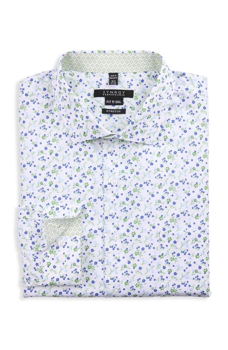 Synrgy by DXL Big & Tall Spring Time Floral Print Performance Dress Shirt, Main, color, White