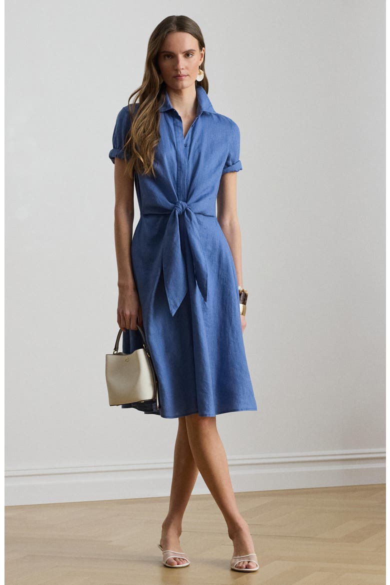Tie Waist Linen Shirtdress, Alternate, color, CARSON BLUE