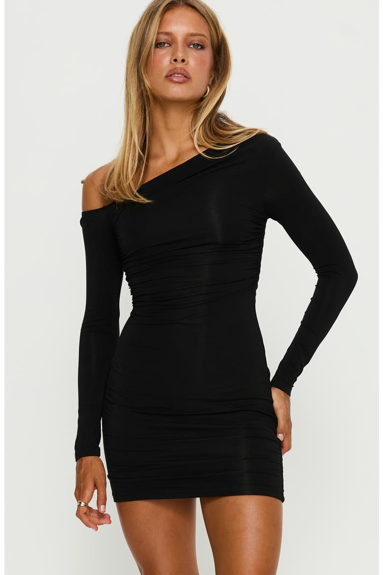 Beller Ruched Long Sleeve Minidress, Alternate, color, BLACK