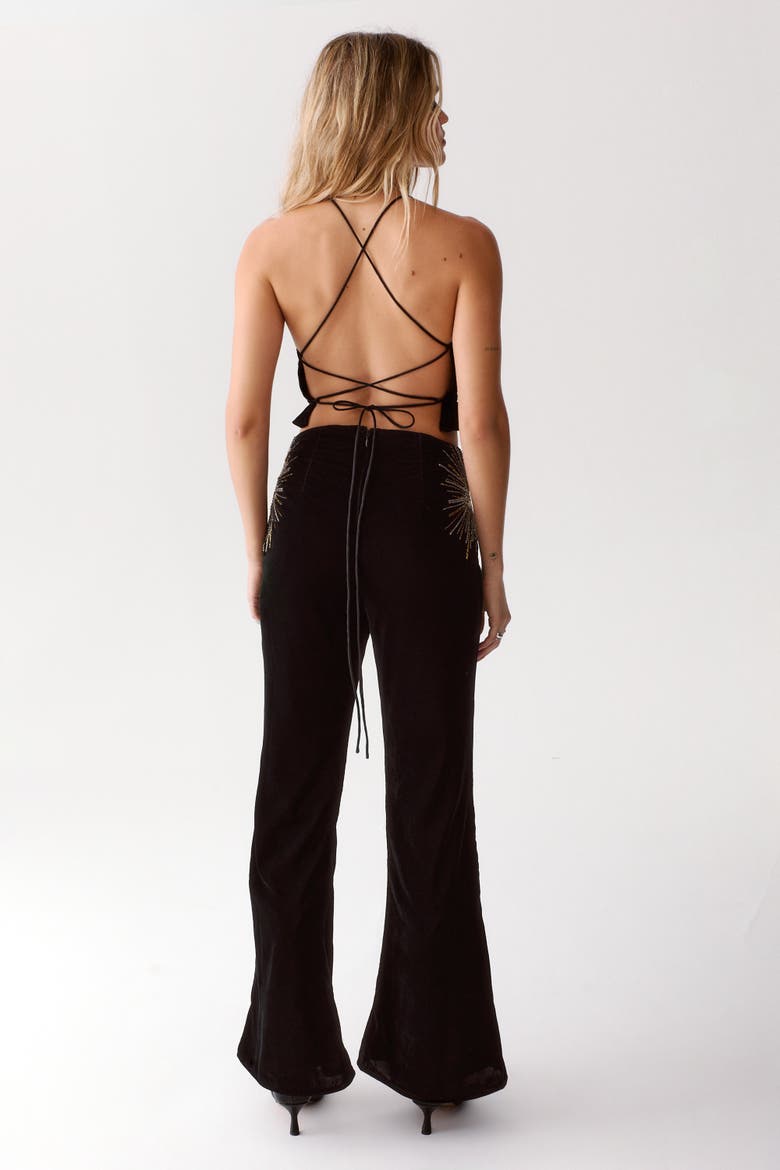 Star Embellished Velvet Flared Pants, Alternate, color, Black