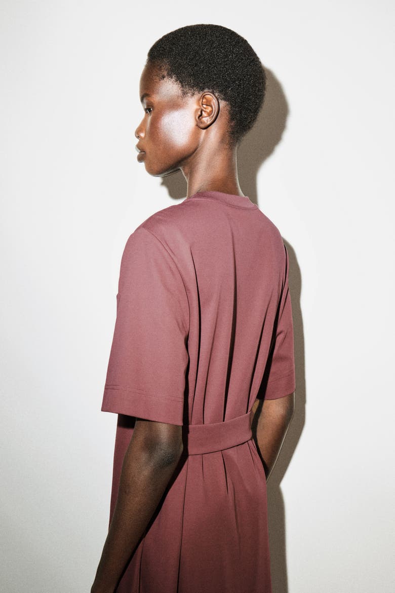 Belt-Detail Midi T-Shirt Dress, Alternate, color, BROWN