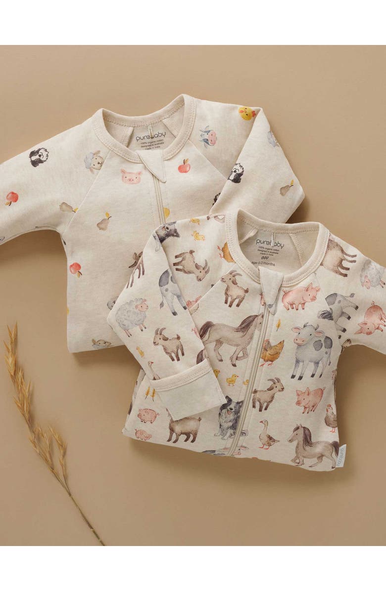 Purebaby 2 Pack Printed Zip Footie, Alternate, color, Farm Animals Print