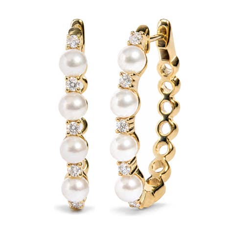 14k Yellow Gold 4mm Cultured South Sea Pearl And 1/4 Cttw Diamond Alternating Hoop Earrings