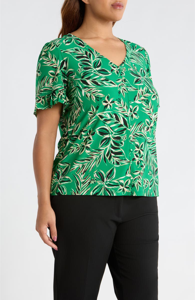 AK ANNE KLEIN Tropical Floral V-Neck Button-Up Knit Top, Alternate, color, Tropical Green Multi