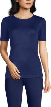 Lands' End Womens' Silk Interlock Short Sleeve Crewneck Long Underwear Thermal Baselayer Top