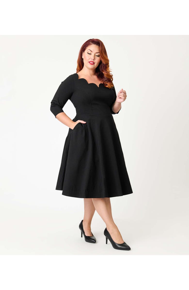 Unique Vintage Plus Size Scalloped Neck Swing Dress, Alternate, color, Black Solid
