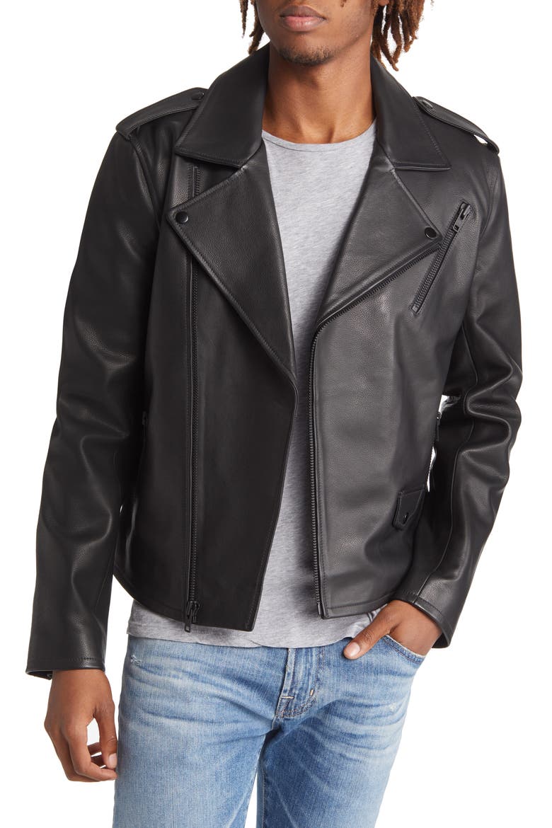 Monochrome Leather Biker Jacket, Main, color, BLACK