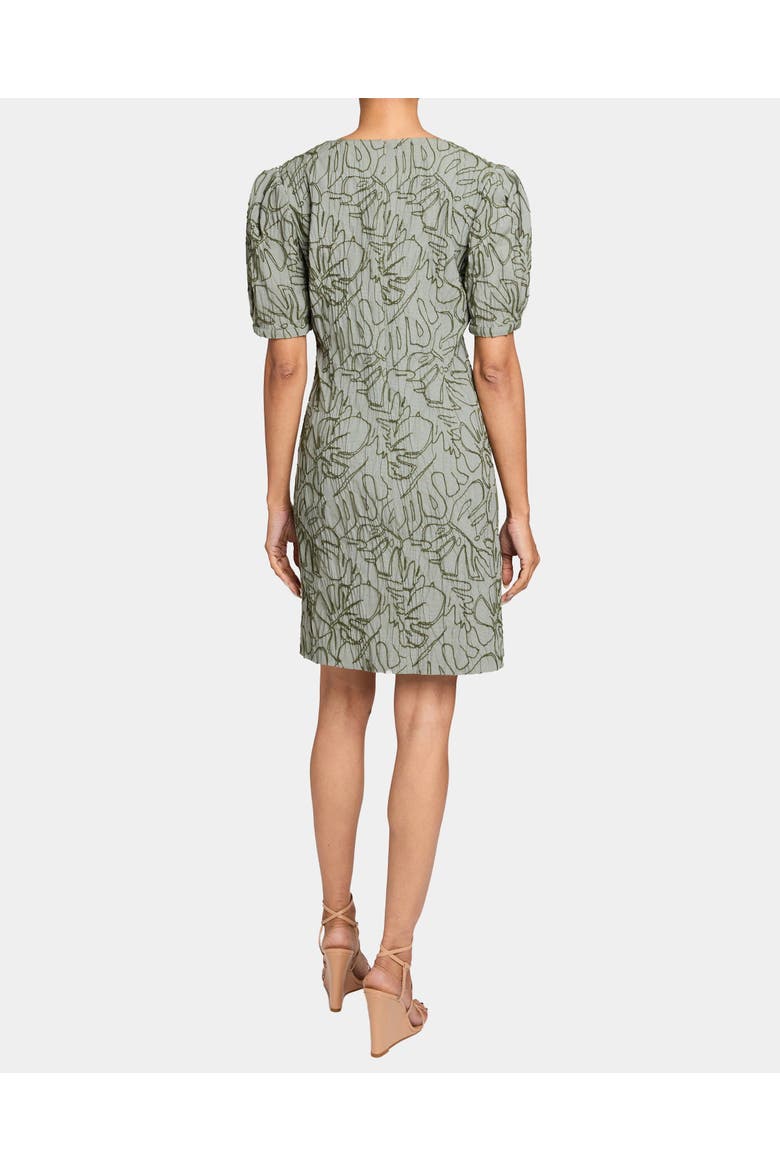 Bianca A-Line Shift Dress with Puff Sleeves in Abstract Stretch Cotton Cloque, Alternate, color, ALOE