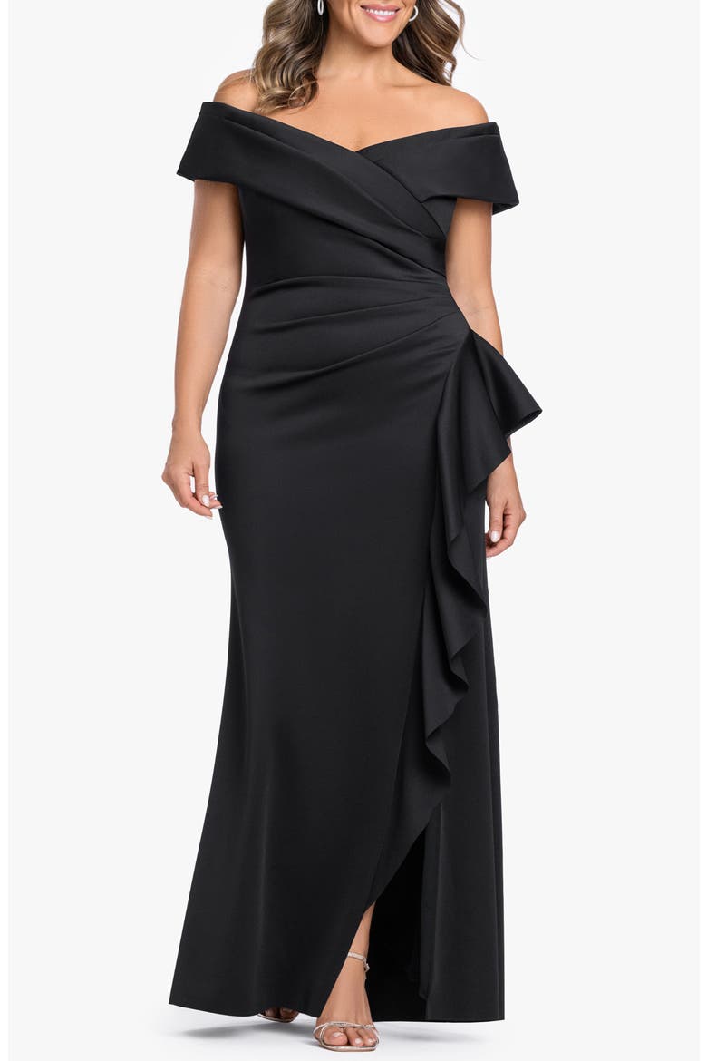 Off the Shoulder Ruffle Scuba Crepe Gown, Main, color, BLACK