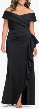 Xscape Evenings Off the Shoulder Ruffle Scuba Crepe Gown