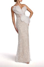 Mac Duggal Sequin Organza Strapless Bow Detail Column Gown