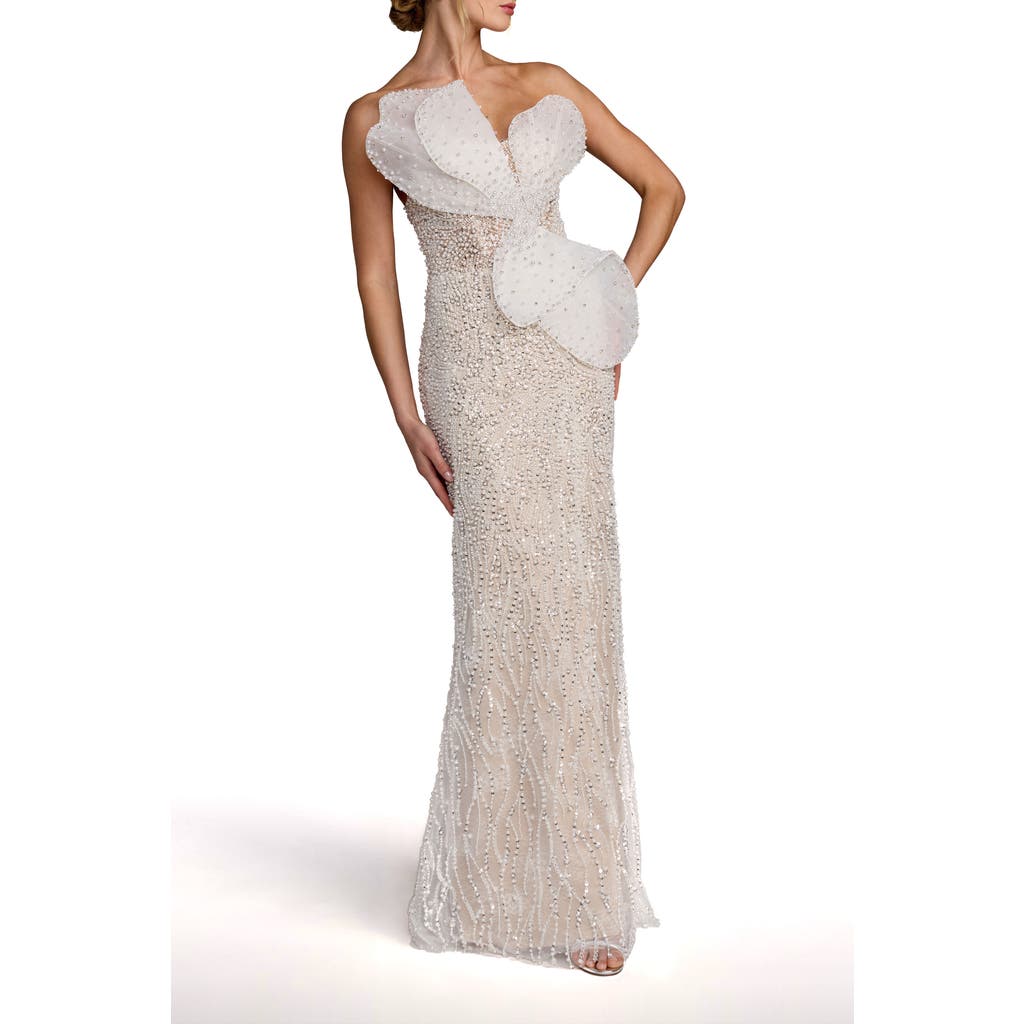Mac Duggal Sequin Organza Strapless Bow Detail Column Gown in Ivory Nude at Nordstrom, Size 0