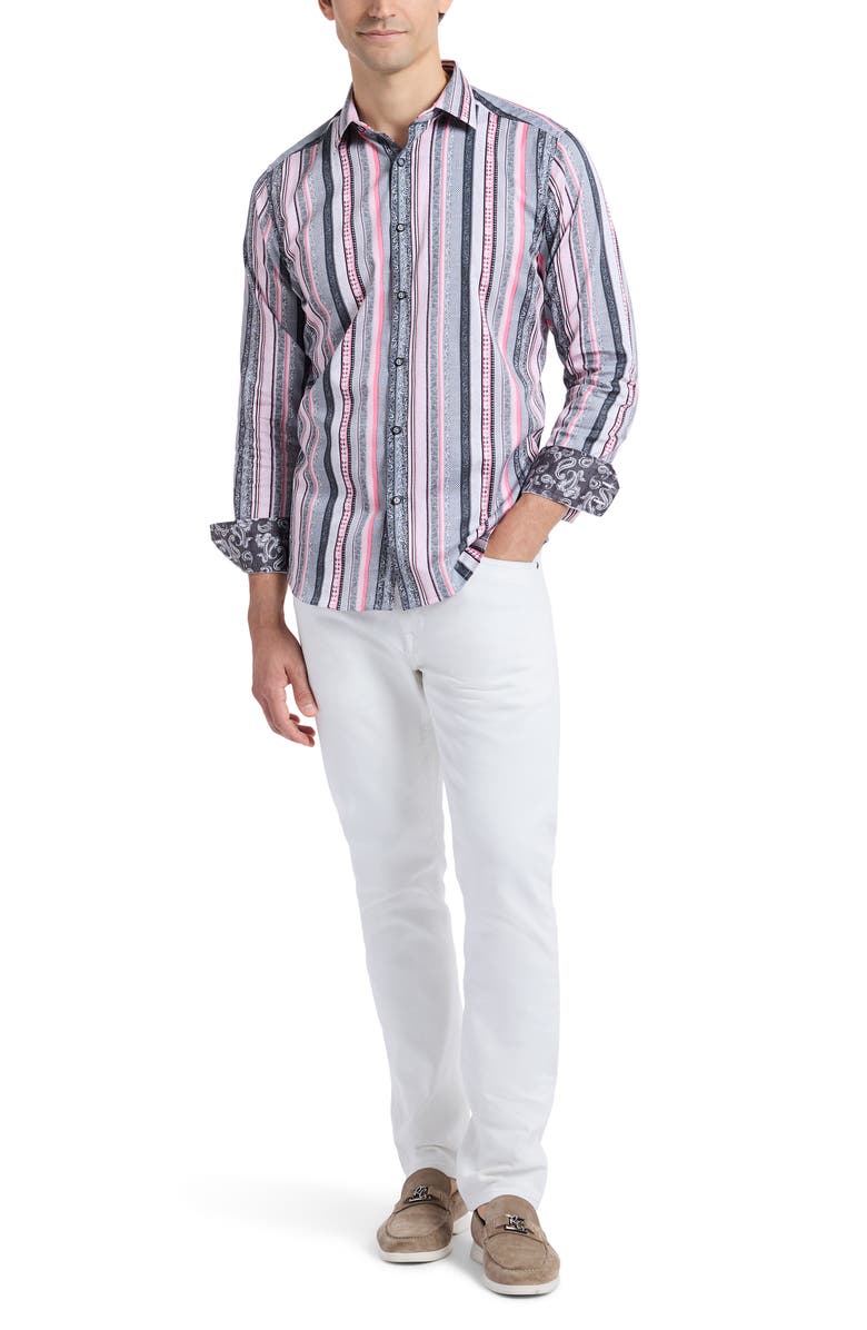 Robert Graham Bramshaw Mixed Stripe Stretch Cotton Button-Up Shirt, Alternate, color, Pink Multi