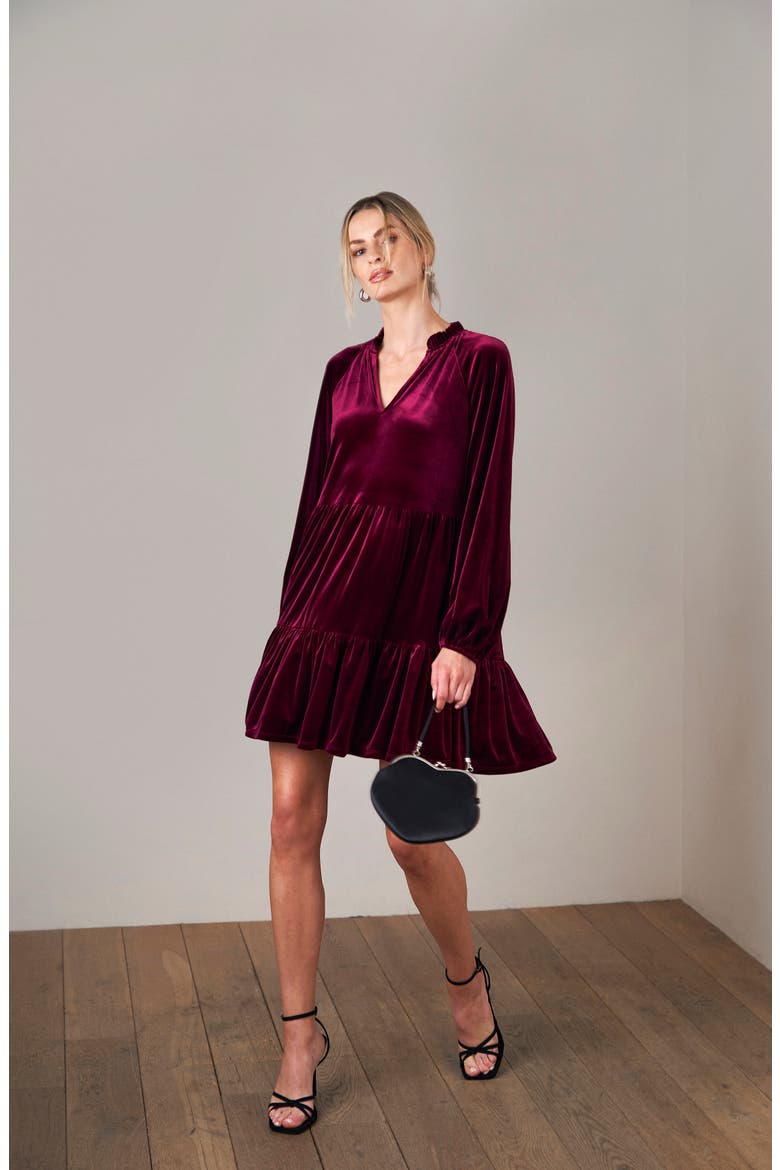 Split Neck Long Sleeve A-Line Dress, Alternate, color, MAJESTIC WINE