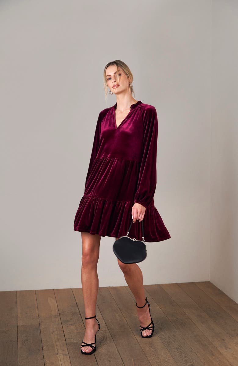 CeCe Split Neck Long Sleeve A-Line Dress, Alternate, color, Majestic Wine