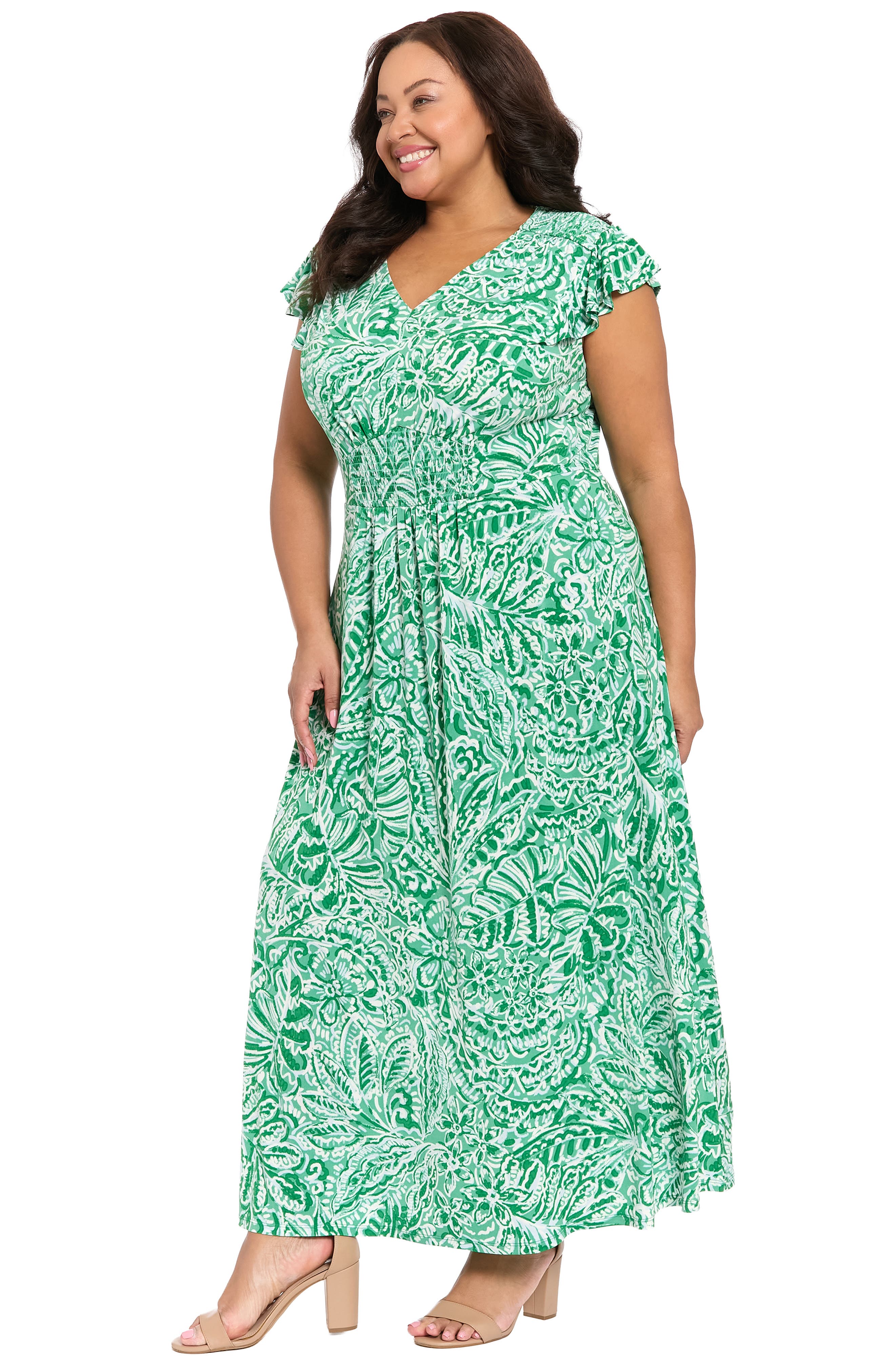 TIMEWORN CLOTHING チノ　38 London Times Floral Flutter Sleeve Jersey Maxi Dress (Women