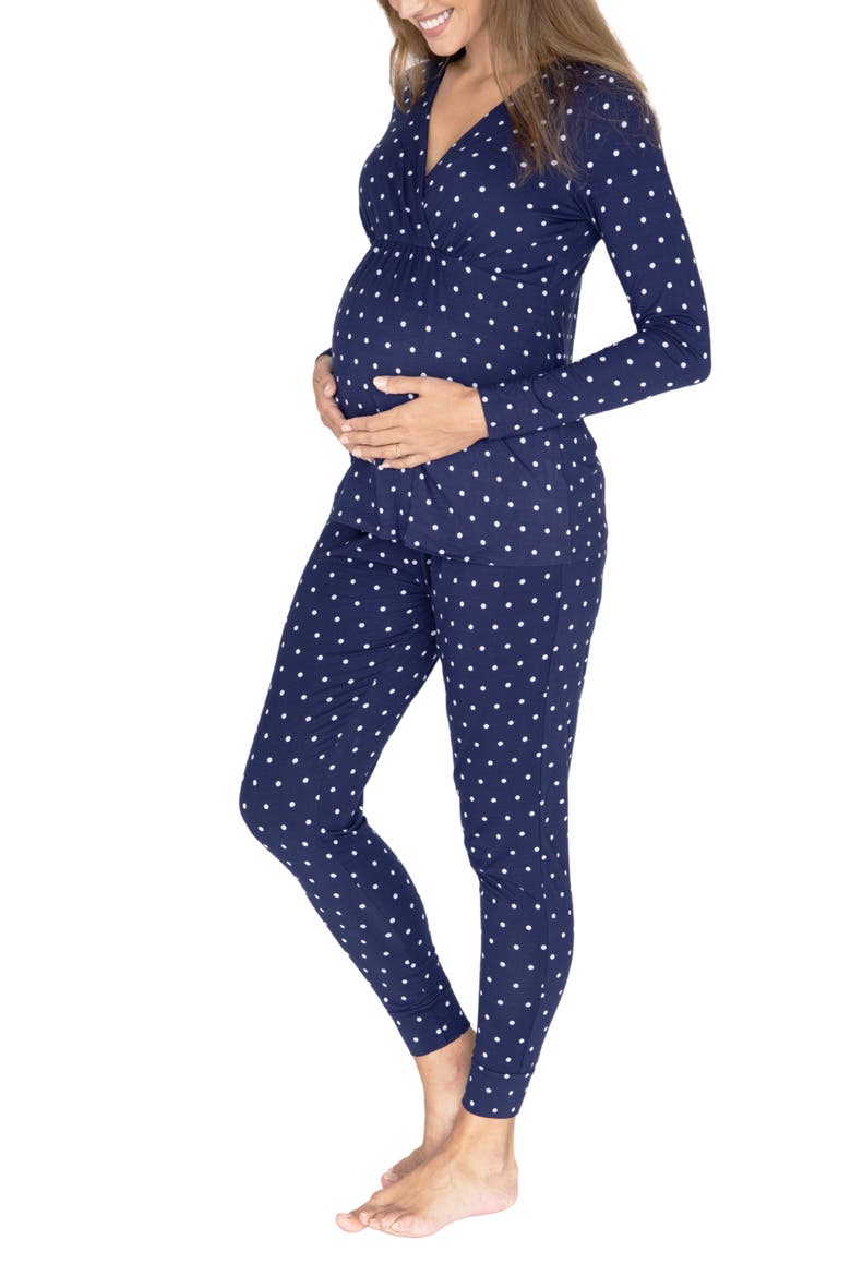 Polka Dot Maternity/Nursing Pajamas & Baby Pouch Set, Alternate, color, NAVY