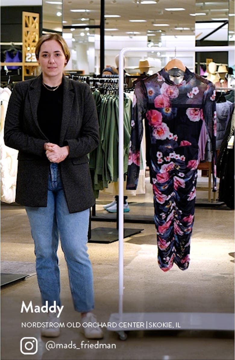 Floral Ruched Mesh Long Sleeve Midi Dress, sales video thumbnail