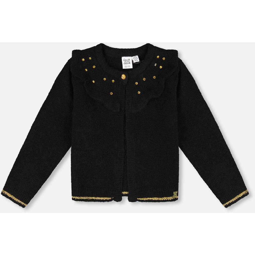 Deux Par Deux Knitted Cardigan With Rhinestones In Black