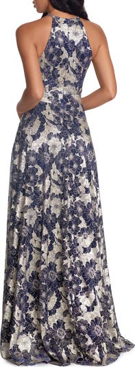 Metallic Floral Halter Top Gown