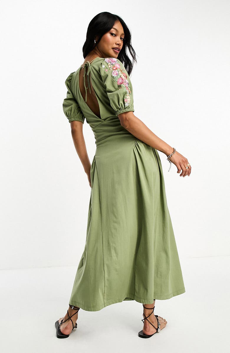 ASOS DESIGN Embroidered Puff Sleeve Cotton Midi Dress, Alternate, color, 