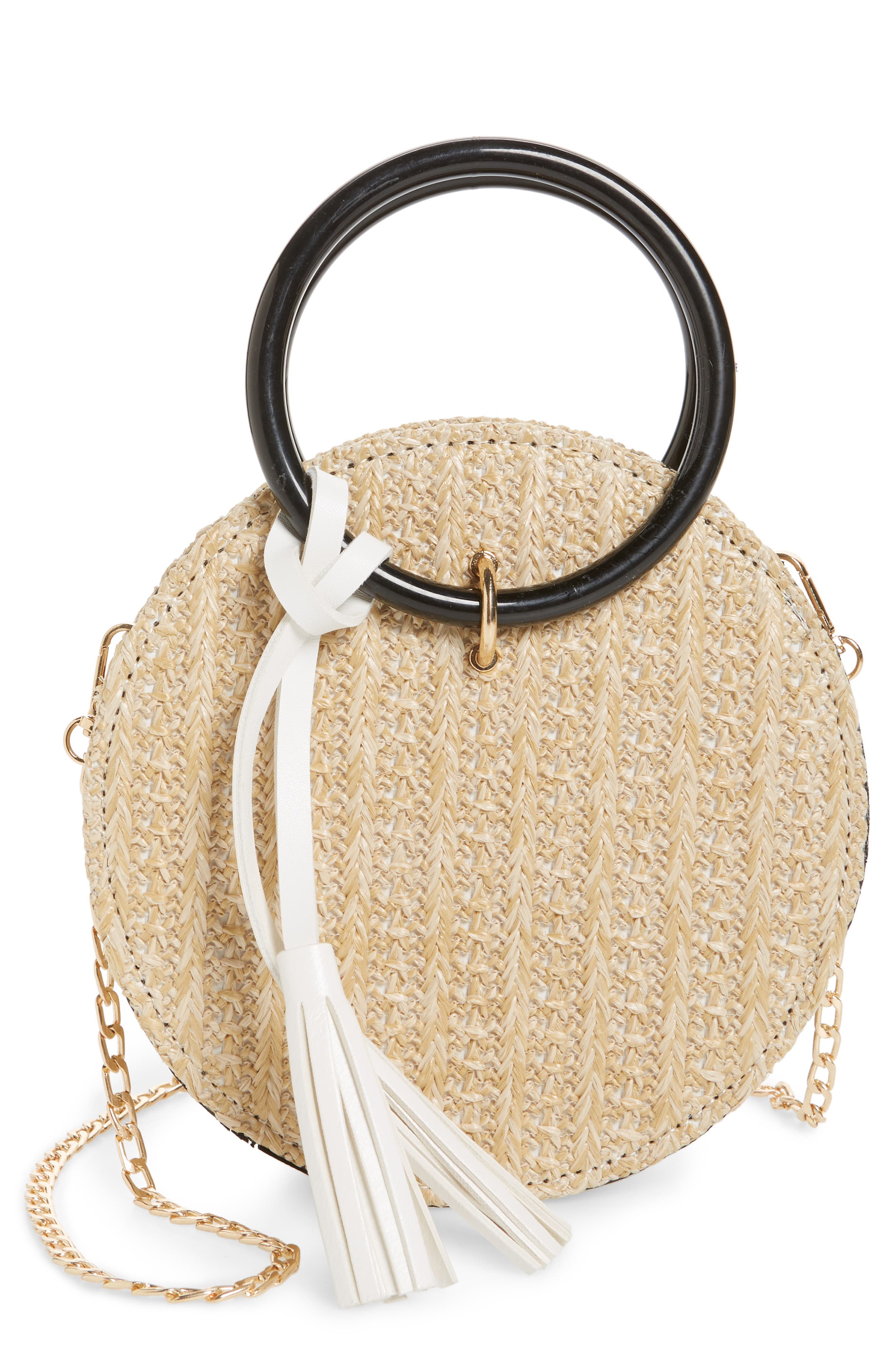 Round Straw Crossbody Bag, Main, color, NATURAL/ BLACK