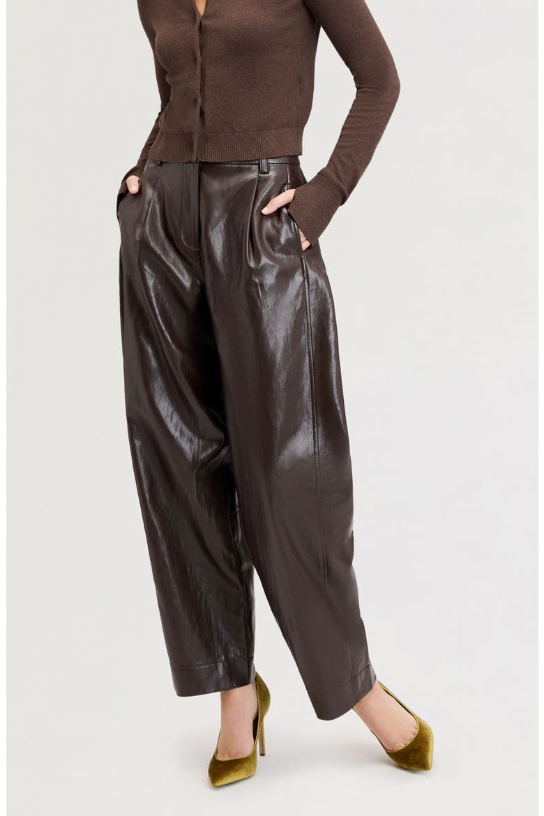 Faux Leather Barrel Leg Trousers, Alternate, color, DARK BROWN