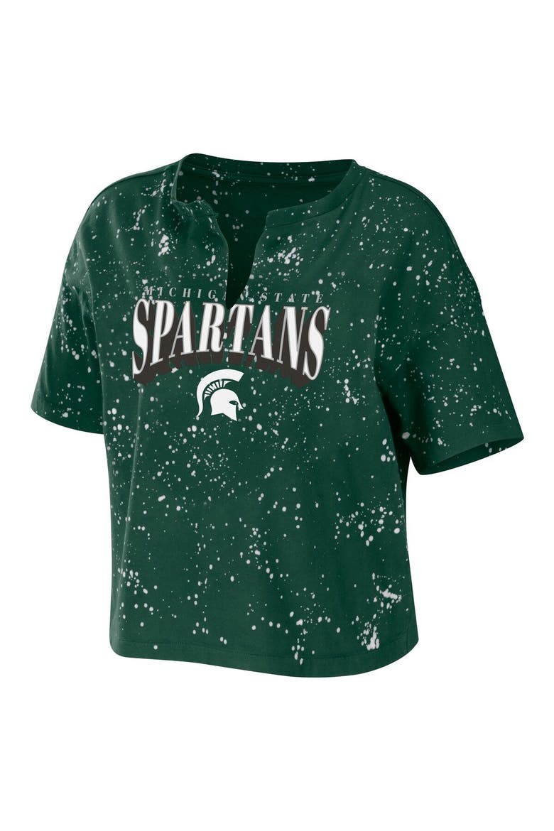 Women's WEAR by Erin Andrews Green Michigan State Spartans Bleach Wash Splatter Cropped Notch Neck T-Shirt, Alternate, color, Green