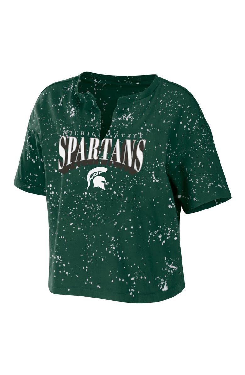 WEAR by Erin Andrews Women's WEAR by Erin Andrews Green Michigan State Spartans Bleach Wash Splatter Cropped Notch Neck T-Shirt, Alternate, color, Green