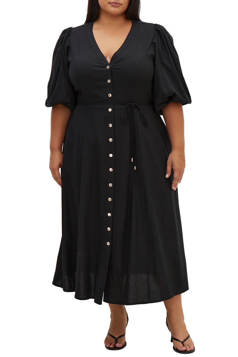 Bella Puff Sleeve Button-Up Dress, Main, color, BLACK
