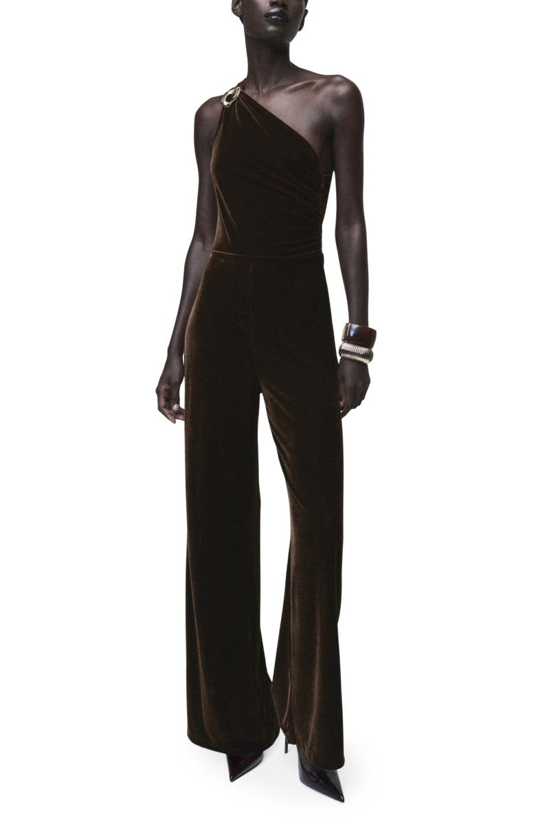 MANGO One-Shoulder Velvet Jumpsuit, Main, color, Brown