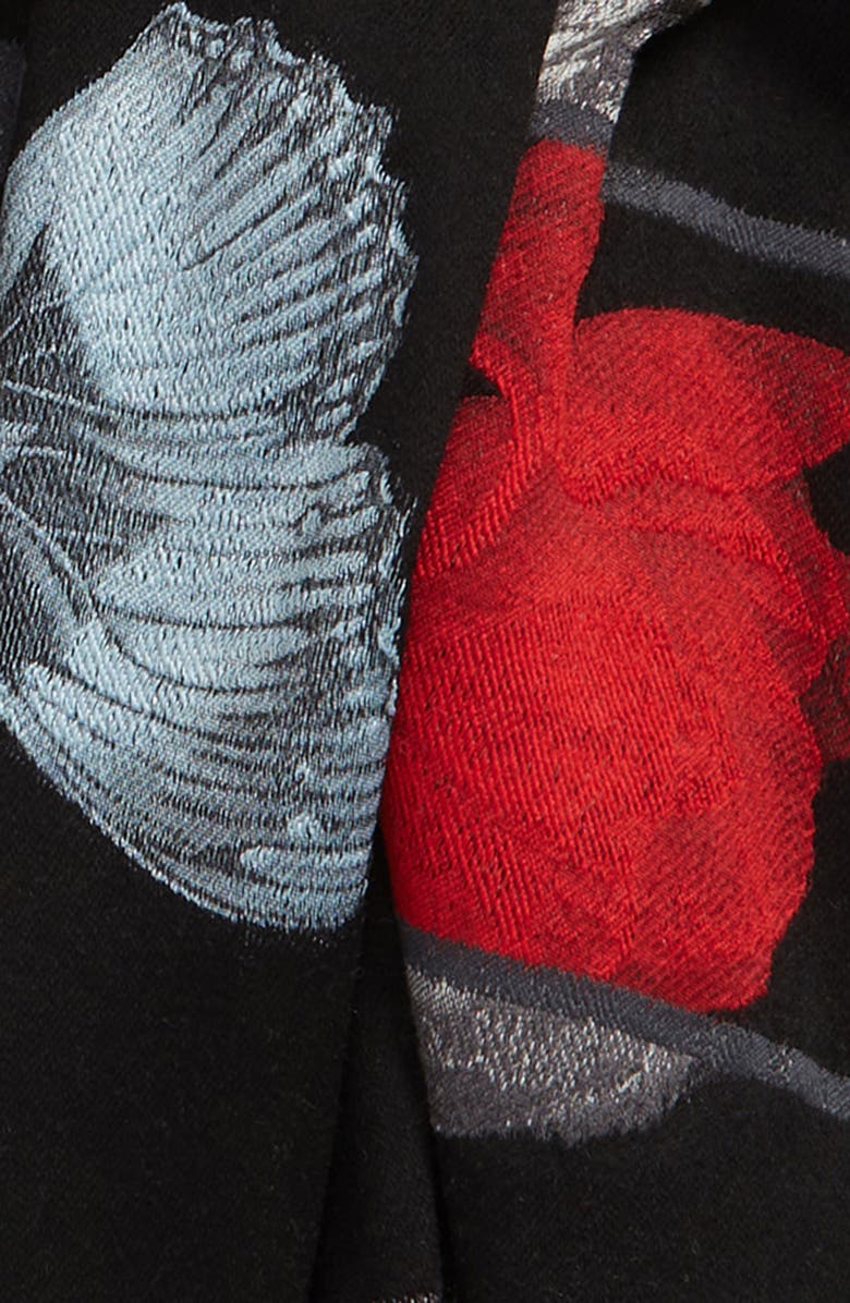 McQueen Botanical Embroidered Floral Fringe Trim Wool Blend Scarf, Alternate, color, 